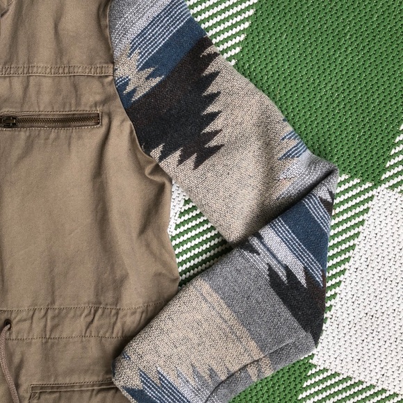 Thread & Supply kaki jacket with blue Aztec design, snap front & lots of pockets - Picture 4 of 8